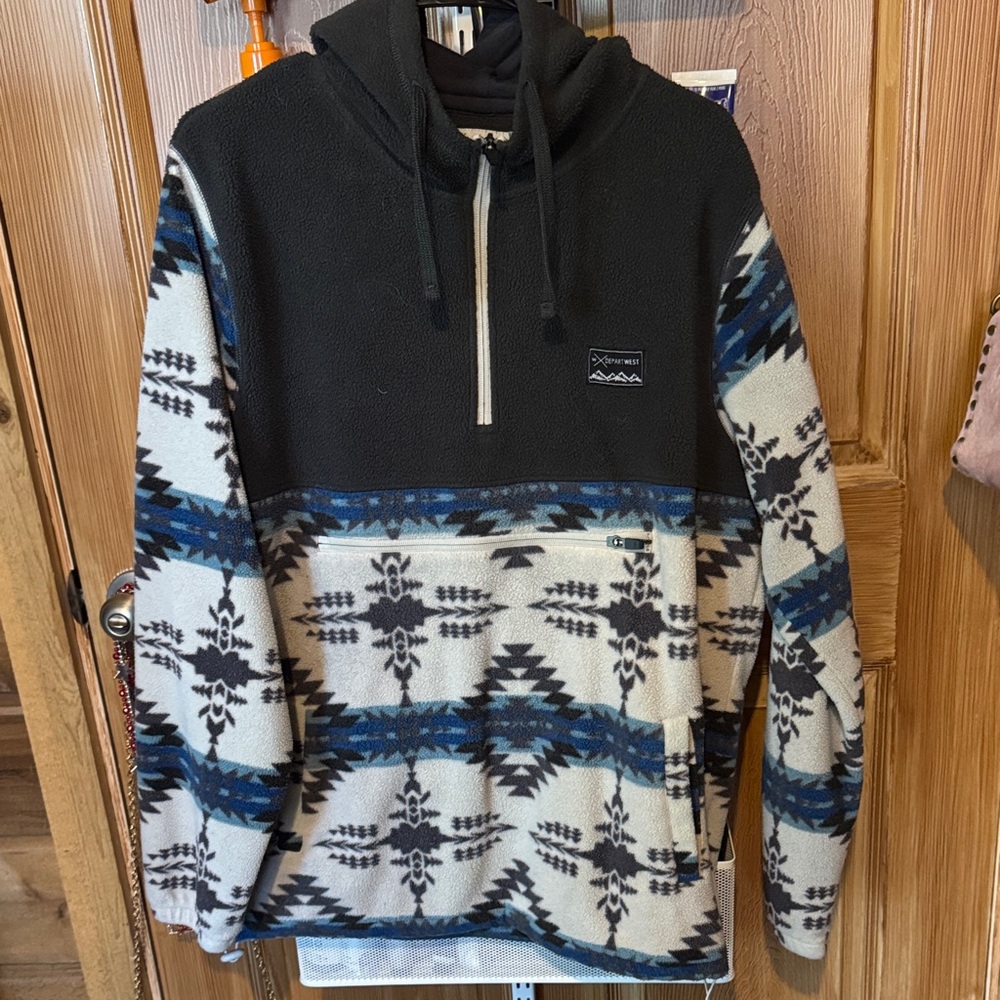 Aztec Print Half Zip Fleece Pullover Hoodie in Black and Blue